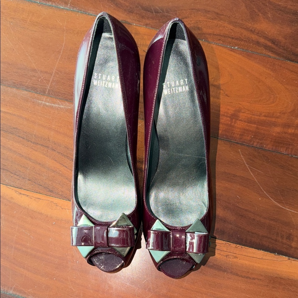 Stuart Weitzman Dark Red Patent Peep-Toe Heels